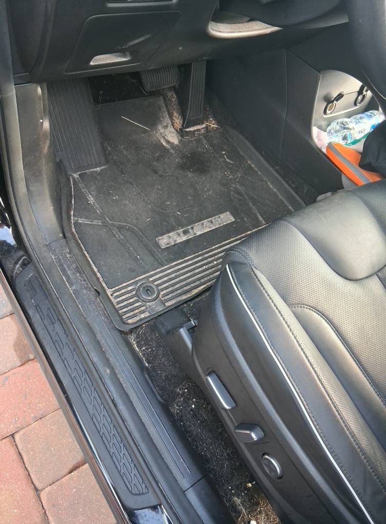 Dirty car floor mat and door sill with dirt buildup before deep cleaning service