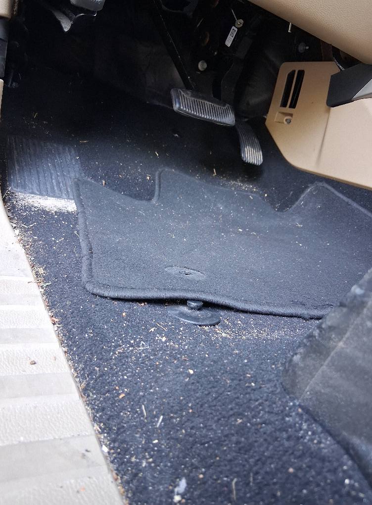 Stained car carpet with dirt and debris before professional auto spa cleaning treatment