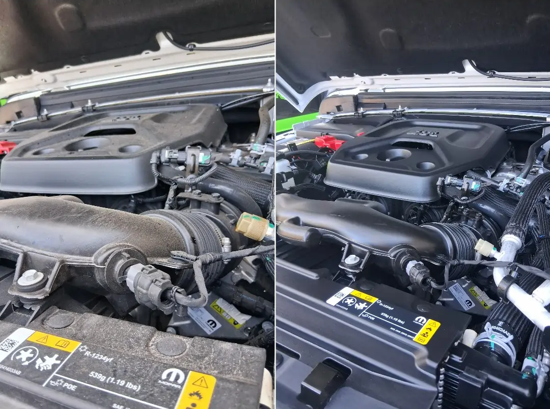 Engine bay detailing before and after showing removal of dust and grime for a factory-fresh look